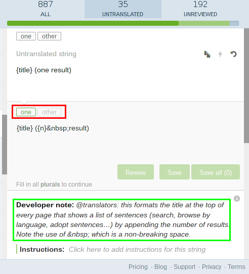 Plural strings and developers notes